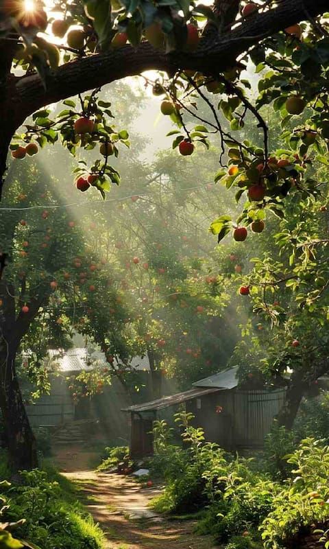 यात हे असू शकतेः सफरचंदच्या झाडाच्या मागे डोकावताना सूर्य झाडांमधून चमकतो आणि पाने