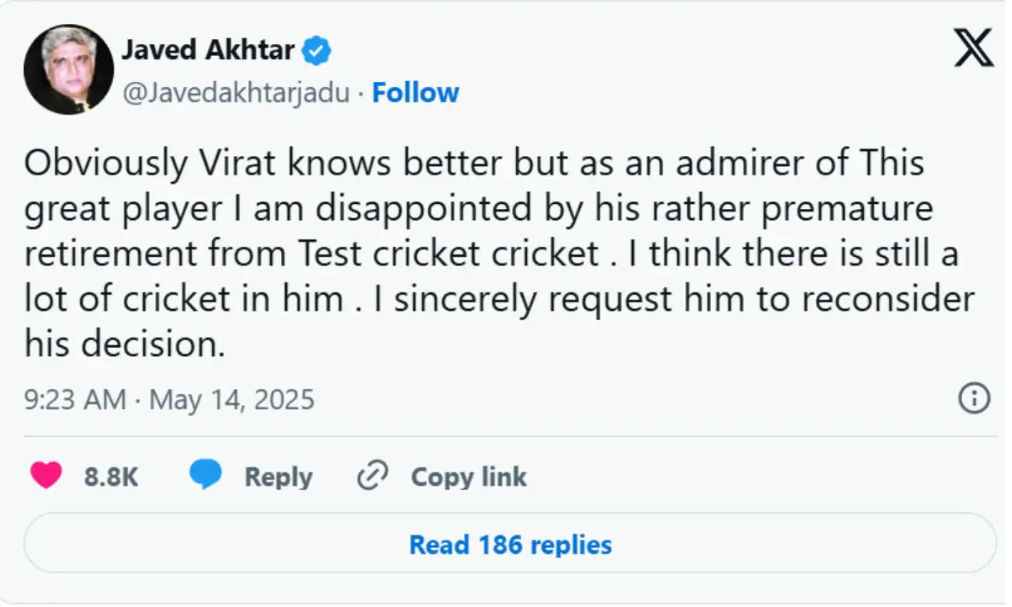 जावेद अख्तर यांनी विराट कोहलीच्या सेवानिवृत्तीबद्दल दु: ख व्यक्त केले, थिंक अगेन - इमेज म्हणाले