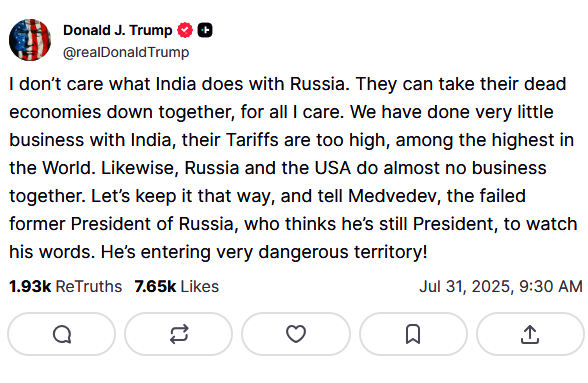 ट्रम्प यांनी सोशल मीडियावर पोस्ट केले आणि भारत आणि रशियाला मृत अर्थव्यवस्था म्हटले.