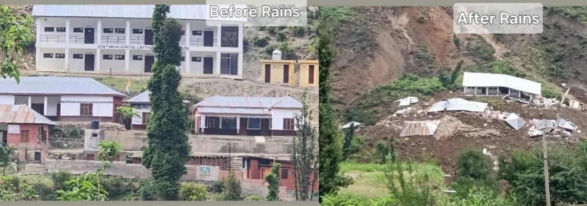 उधमपूर जिल्ह्यातील सरकारी हायस्कूल लॅटिन दुडू झोनची दोन छायाचित्रे. पावसाच्या आधी शाळेचे चित्र (डावीकडे) आणि पावसानंतर शाळेचे चित्र (उजवीकडे) शाळा इमारत