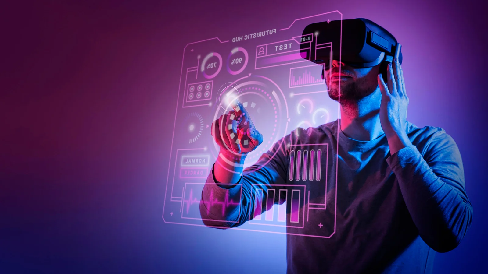 व्हीआर चष्मा परिधान केलेला मध्यम शॉट माणूस Metaverse संकल्पना