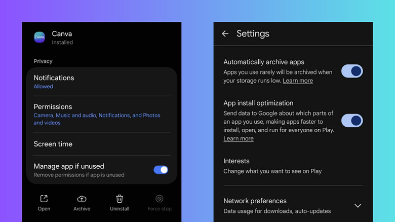 Android सेटिंग्ज आणि Google Play Store सेटिंग्जवरील संग्रहण बटण