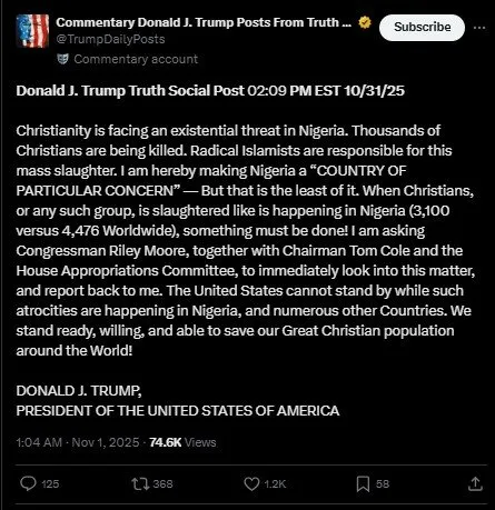 डोनाल्ड ट्रम्प नायजेरिया ख्रिस्ती विधान