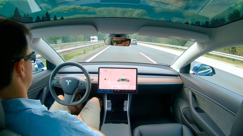 हायवेवर सेल्फ ड्रायव्हिंग टेस्लाच्या चाकाच्या मागे एक माणूस