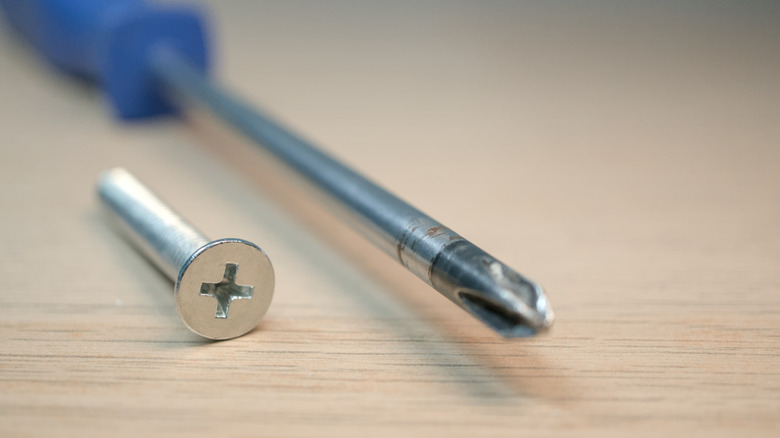 फिलिप्स हेड स्क्रू ड्रायव्हर आणि स्क्रू प्रदर्शित करणारे चित्र