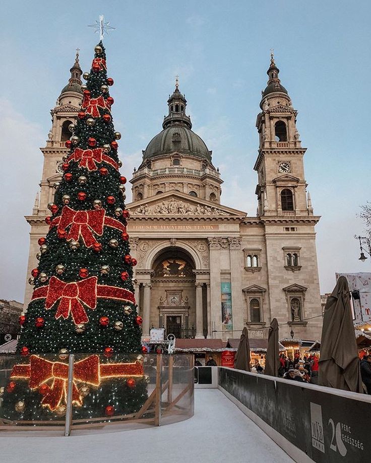 यात हे असू शकते: दोन टॉवर आणि दिवे असलेल्या इमारतीसमोर एक मोठे ख्रिसमस ट्री आहे