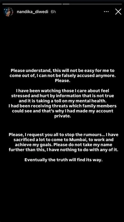 नंदिका द्विवेदीला धमक्या मिळाल्याचा खुलासा. नंदिका द्विवेदीला धमक्या मिळाल्याचा खुलासा.