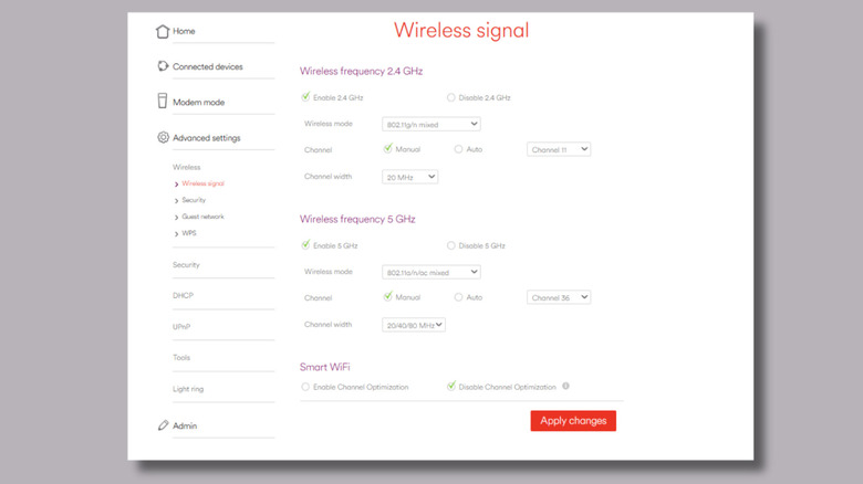 राउटर सेटिंग्ज वेब पृष्ठाचा स्क्रीनशॉट