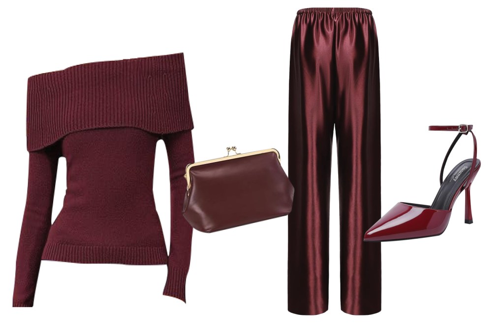 खांद्यावरील स्वेटर, बरगंडी क्लच, सॅटिन पँट आणि लाल उंच टाचांचा पंप यांचा कोलाज.