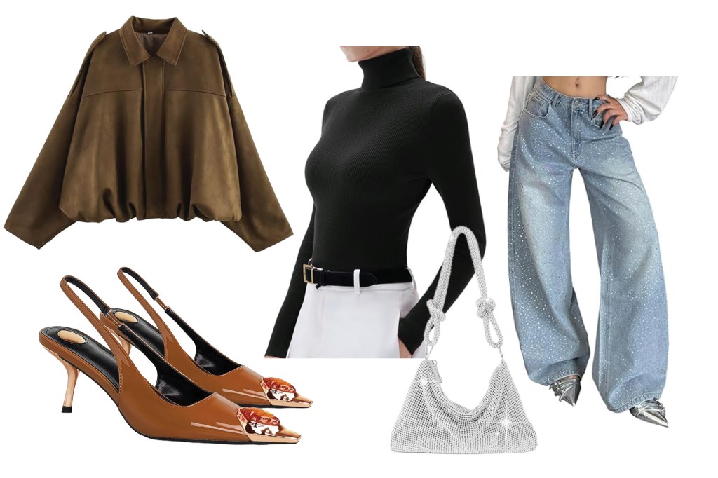 तपकिरी बॉम्बर जॅकेट, ब्लॅक टर्टलनेक, पांढरी पँट, तपकिरी स्लिंगबॅक हील्सची जोडी, स्फटिकांसह लाइट वॉश जीन्स आणि चांदीची हँडबॅग यासह हॉलिडे फॅशन आयटमचा कोलाज.