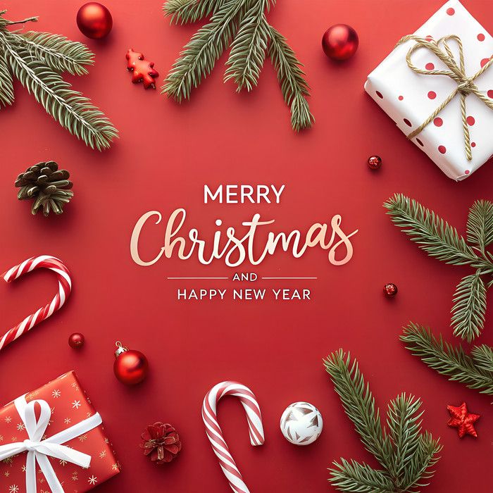 यात हे समाविष्ट असू शकते: भेटवस्तू, कँडी, कँडी केन्स आणि पाइन शंकूसह मेरी ख्रिसमस आणि नवीन वर्षाच्या शुभेच्छा