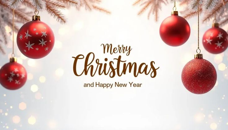यात याचा समावेश असू शकतो: ख्रिसमस आणि नवीन वर्षाच्या शुभेच्छा ग्रीटिंग कार्ड फांद्यांवर टांगलेल्या लाल बाउबल्ससह