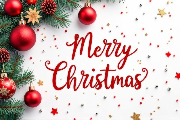 यात याचा समावेश असू शकतो: लाल आणि सोनेरी बाउबल्स, पाइनच्या फांद्या आणि तारे असलेले मेरी ख्रिसमस ग्रीटिंग कार्ड