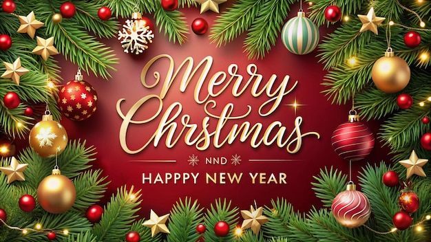 यात याचा समावेश असू शकतो: आनंददायी ख्रिसमस आणि पाइन शाखा, दागिने आणि बाउबल्ससह नवीन वर्षाच्या शुभेच्छा