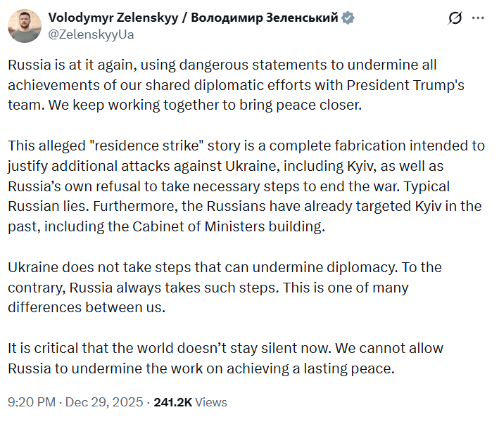 झेलेन्स्कीने X वर पोस्ट करून रशियाचे आरोप खोटे ठरवले.