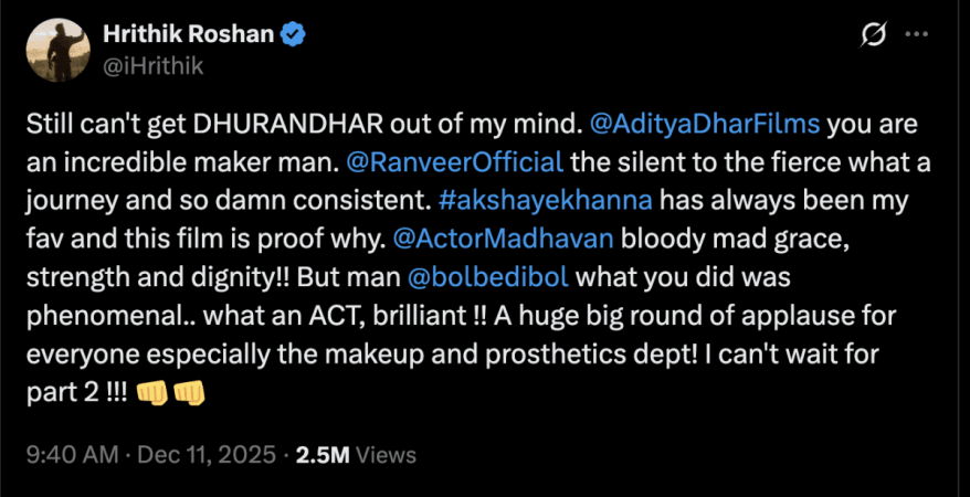 'सबा आझादसह इन्स्टा पासवर्ड, कंगना राणौतसोबत ट्विटर पासवर्ड': हृतिक रोशनने धुरंधरवर विरोधाभासी पुनरावलोकने शेअर केली; इंटरनेट LOL जाते