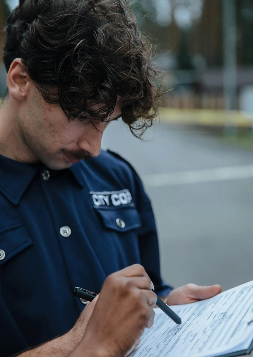 पोलीस अधिकारी अहवाल देत आहे