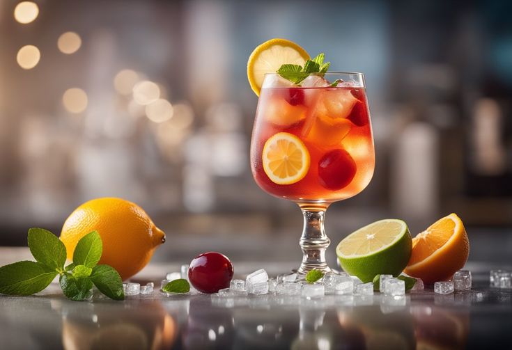 यात हे असू शकते: लिंबू, चेरी आणि लिंबूच्या वेजेसने वेढलेला द्रवाने भरलेला ग्लास