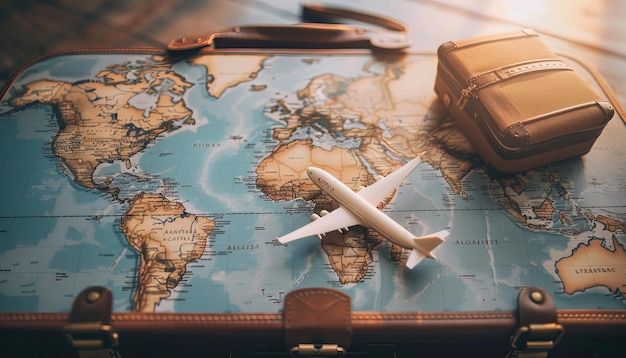यात हे असू शकते: विमान नकाशाच्या वर सामान आणि त्याच्या शेजारी बॅग घेऊन बसलेले आहे