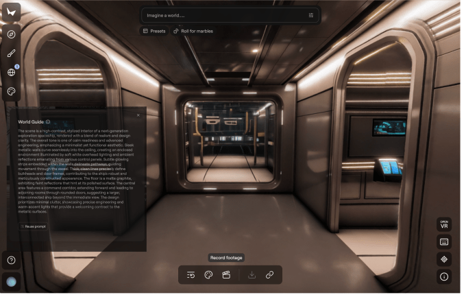 मजकूर प्रॉम्प्ट आच्छादित करून मार्बलमध्ये तयार केलेले अंतराळ जहाज वातावरण. हबच्या भिंतींमध्ये दिवे कसे वास्तववादी प्रतिबिंबित होतात ते लक्षात घ्या.