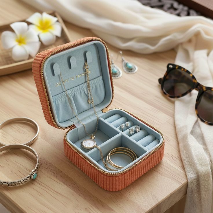 यात हे असू शकते: सनग्लासेसच्या दोन जोड्यांच्या शेजारी टेबलच्या वर बसलेला एक उघडा दागिन्यांचा बॉक्स