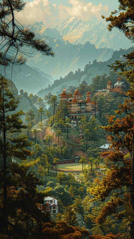 यात हे समाविष्ट असू शकते: पार्श्वभूमीत झाडे आणि पर्वत असलेले डोंगरावरील शहराचे चित्र