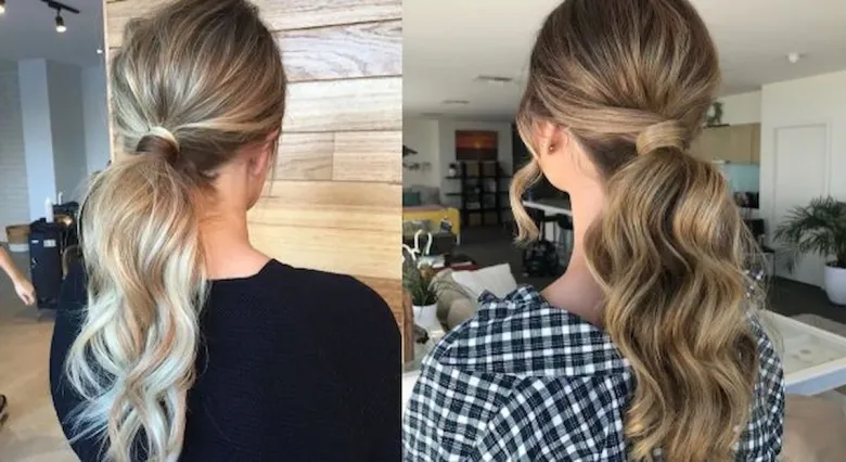 रॅपराउंड पोनीटेल दोन स्त्रियांच्या मागे दिसते