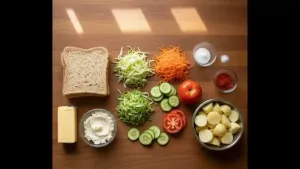 किचन काउंटरवर रॅम्बो सँडविचसाठी साहित्य, गव्हाच्या ब्रेडचे तुकडे, कोबी, गाजर, काकडी, बटाटे, टोमॅटो, लोणी, चीज स्प्रेड, मीठ आणि काळी मिरी, वापरण्यासाठी तयार चिरलेल्या भाज्यांसह.