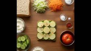 तिसरा ब्रेड स्लाइस बटर आणि हिरव्या चटणीने थर लावलेला आहे, वर समान रीतीने मांडलेले उकडलेले बटाट्याचे तुकडे आणि हलके मसाला आहे.