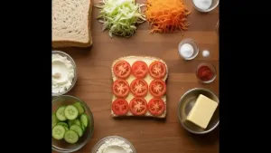 चौथा ब्रेड स्लाइस बटरने झाकलेला आणि वर ताज्या टोमॅटोच्या स्लाइसने थर लावलेला.