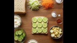 पाचवा ब्रेड स्लाइस बटरने पसरला आणि सुबकपणे कापलेल्या काकडीच्या तुकड्यांनी सजवला.