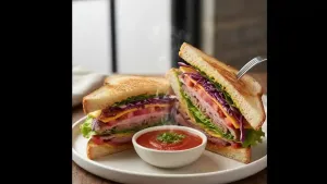 रॅम्बो सँडविच तिरपे कापले आणि बाजूला सॉससह गरम सर्व्ह केले, खाण्यासाठी तयार आहे.