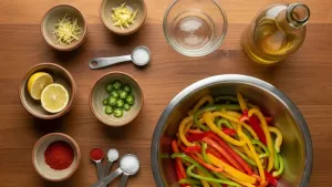 टेबलावर मसाले आणि तेल असलेली भोपळी मिरचीचे तुकडे