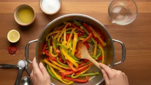 एका भांड्यात कापलेल्या भोपळी मिरच्या ढवळा