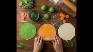 रोलिंग पिन वापरून हिरव्या, केशर आणि पांढऱ्या पिठापासून पातळ गोल पराठे तयार केले जातात.