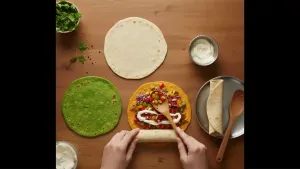 रोलिंग करण्यापूर्वी चटणी-लेपित पराठ्यावर दही किंवा अंडयातील बलक घालून भाजीचे स्टफिंग.