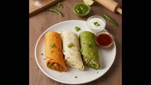 तिरंगा पराठा रोल्स एका प्लेटमध्ये हिरवी चटणी आणि सॉससह सर्व्ह केले जातात