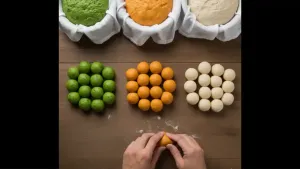 हिरवे, केशर आणि पांढऱ्या पिठापासून बनवलेले लहान समान आकाराचे पिठाचे गोळे प्लेटवर व्यवस्थित मांडलेले असतात.