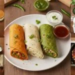 तिरंगा पराठा रोल्स एका प्लेटमध्ये हिरवी चटणी आणि सॉससह सर्व्ह केले जातात