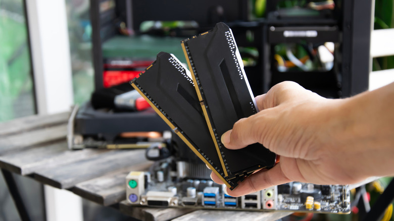 दोन RAM मेमरी मॉड्यूल धारण करणारी व्यक्ती