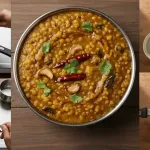 पाचदाल तडका ताज्या कोथिंबीरीने सजवून भात किंवा रोटीबरोबर सर्व्ह केला जातो