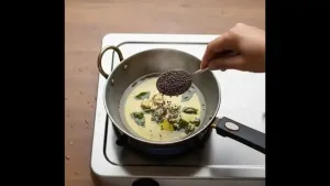 कढईत २ टेबलस्पून तेल गरम करा. मोहरी घातली आणि फुटू दिली. नंतर कढीपत्ता आणि ठेचलेला लसूण घालून हलके सोनेरी होईपर्यंत परतावे.