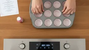 मफिन ट्रेमध्ये कपकेक लाइनर ठेवणे