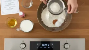 एक मिक्सिंग वाडगा मध्ये पीठ चाळणे