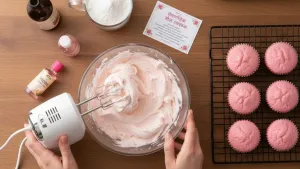 कपकेकसाठी गुलाबी फ्रॉस्टिंग मिक्स करणे
