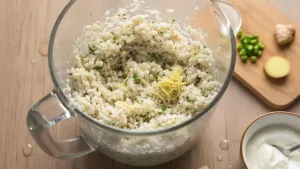 वाडग्यात आले आणि औषधी वनस्पतींसह साबुदाणा पिठात.