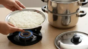 गॅस स्टोव्ह वर ढोकळा वाफाळणे.