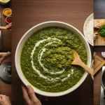 गरमागरम सई भाजी एका भांड्यात साध्या किंवा तपकिरी तांदळाच्या बरोबर दिली जाते, खाण्यासाठी तयार आहे.