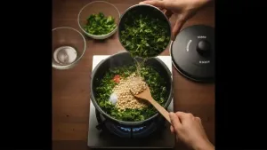 प्रेशर कुकिंग करण्यापूर्वी चिरलेला पालक, पालापाचोळा, भिजवलेली चणा डाळ आणि कुकरमध्ये पाणी घालावे.