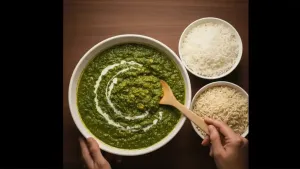 गरमागरम सई भाजी एका भांड्यात साध्या किंवा तपकिरी तांदळाच्या बरोबर दिली जाते, खाण्यासाठी तयार आहे.